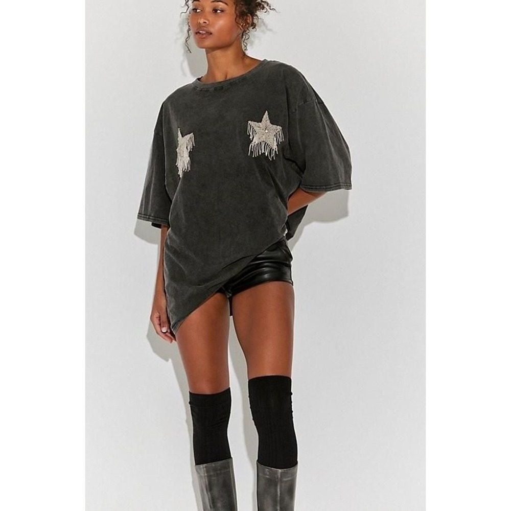Sabbi Beaded Star Fringe Oversized Mineral Wash T-Shirt Charcoal Grey L
